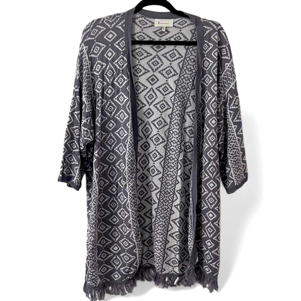 Grey and White Geometric Print Cardiagn with Fringe Details